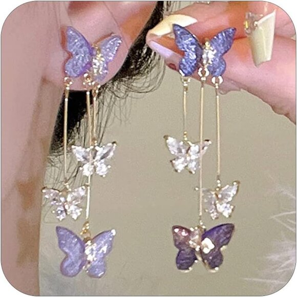Women's Purple Tassel Style Zircon Lightweight Butterfly Crystal Dangle Earring - Picture 1 of 8